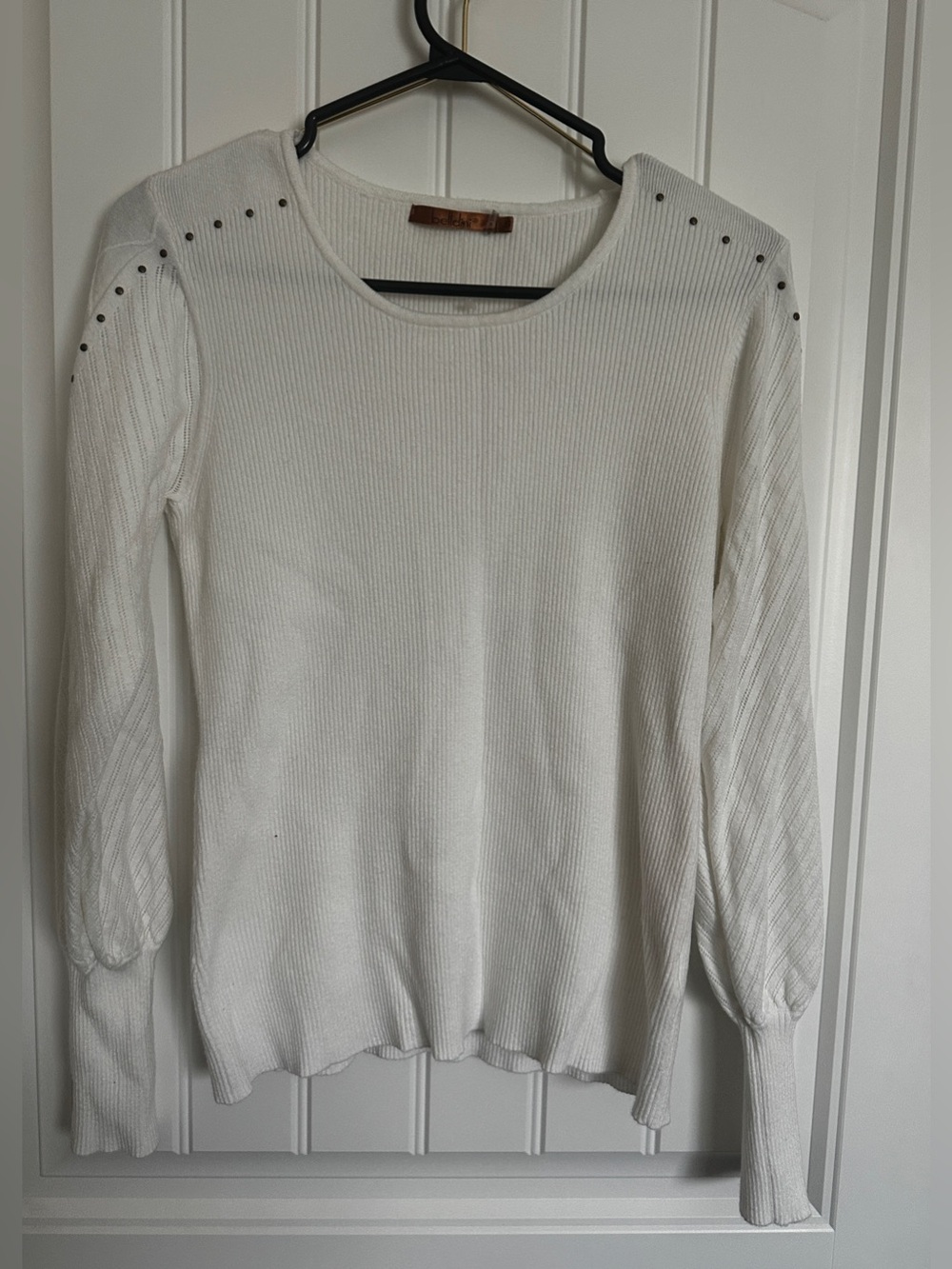 Belldini Cream Ribbed Crewneck Sweater with Studded Shoulders